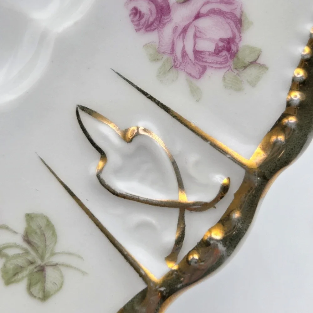 Set Of 5 Three Crown China Germany Floral Rose Salad / Dessert Plates Gold Gilt